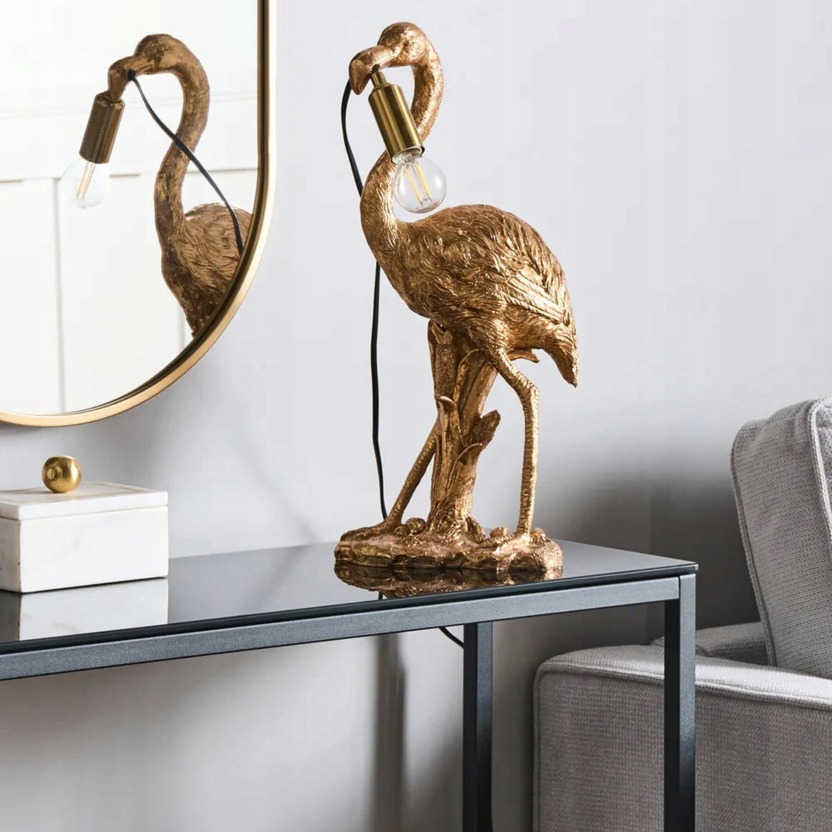 Lampa Złota Stołowa Flaming Złoty Elegancka Lampka Nocna w Kształt Flaminga