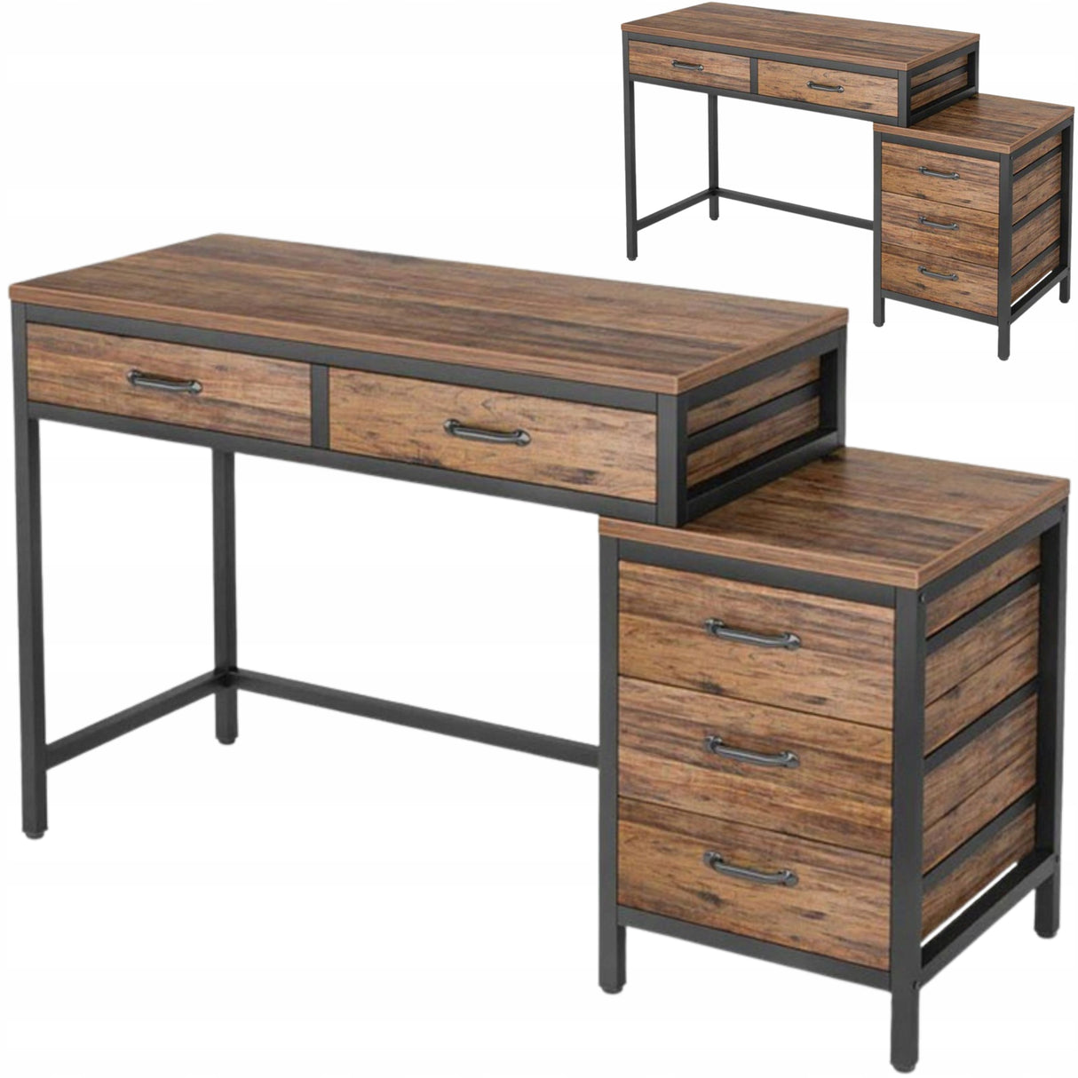 Biurko Komputerowe HOGA-JW0390X Industrialne Z 5 Szufladami 136 cm Brązowe