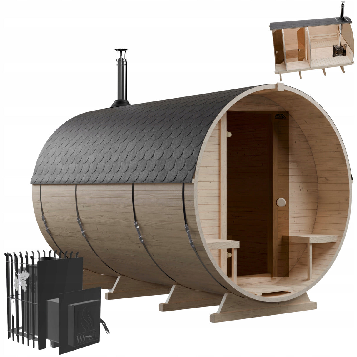 Sauna Ogrodowa Beczka 340 cm Szwedzkie Drewno Zestaw z Piecem HARVIA PC90