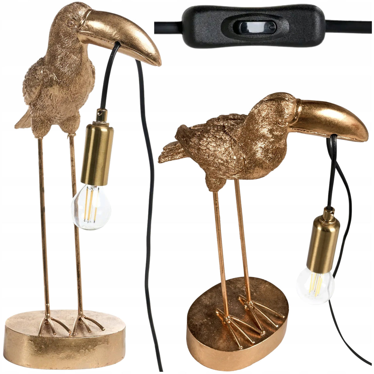 Lampa Złota Stołowa w Kształcie Tukana Elegancka Lampka Mosiądz 42 cm Tukan