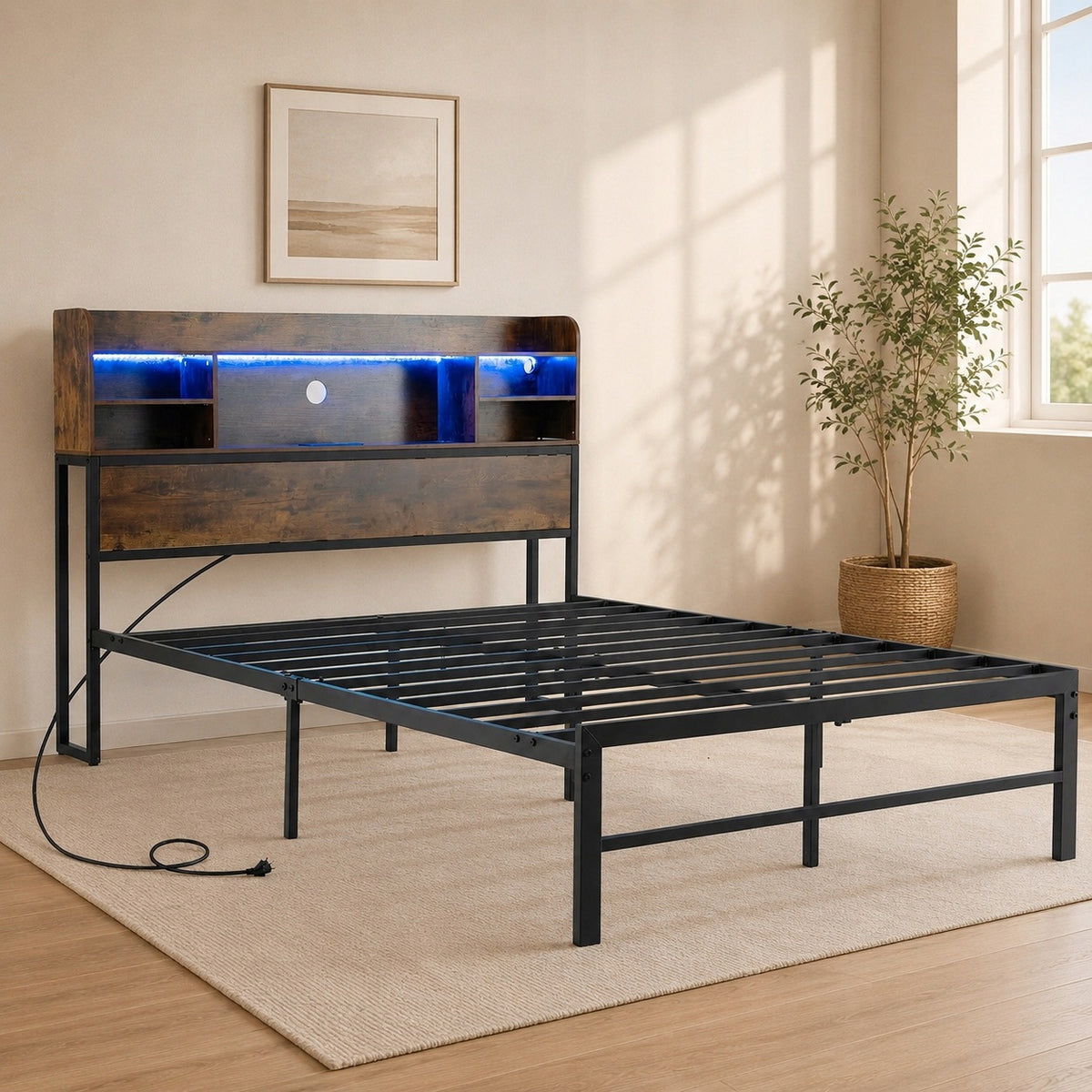 Rama Łóżka Podwójnego z Diodami LED Stacja Ładująca Półki Czarna 140x200 cm