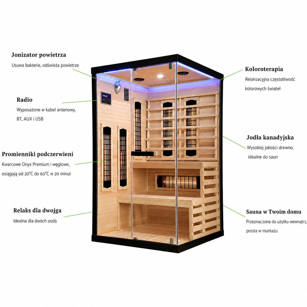 Sauna Dwuosobowa Infrared Domowe Spa na 2 Osoby Narożna Czarna Solara Lux