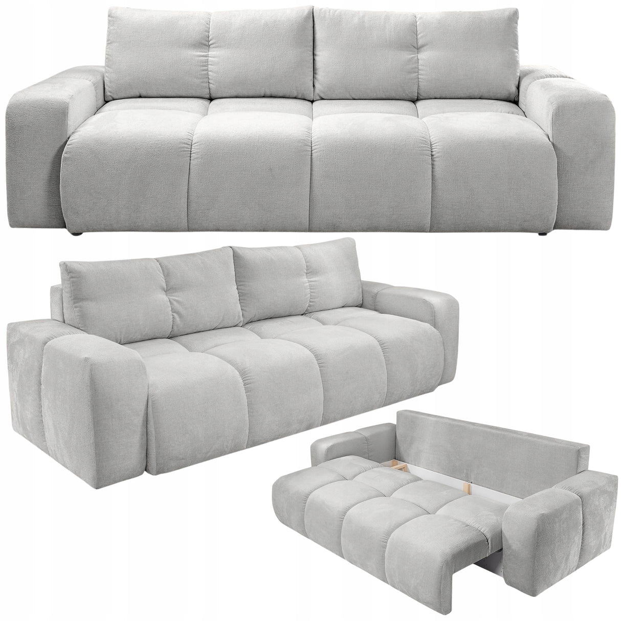 Sofa z Funkcją Spania Pojemnikiem Jasnoszara Tkanina Perfect Harmony