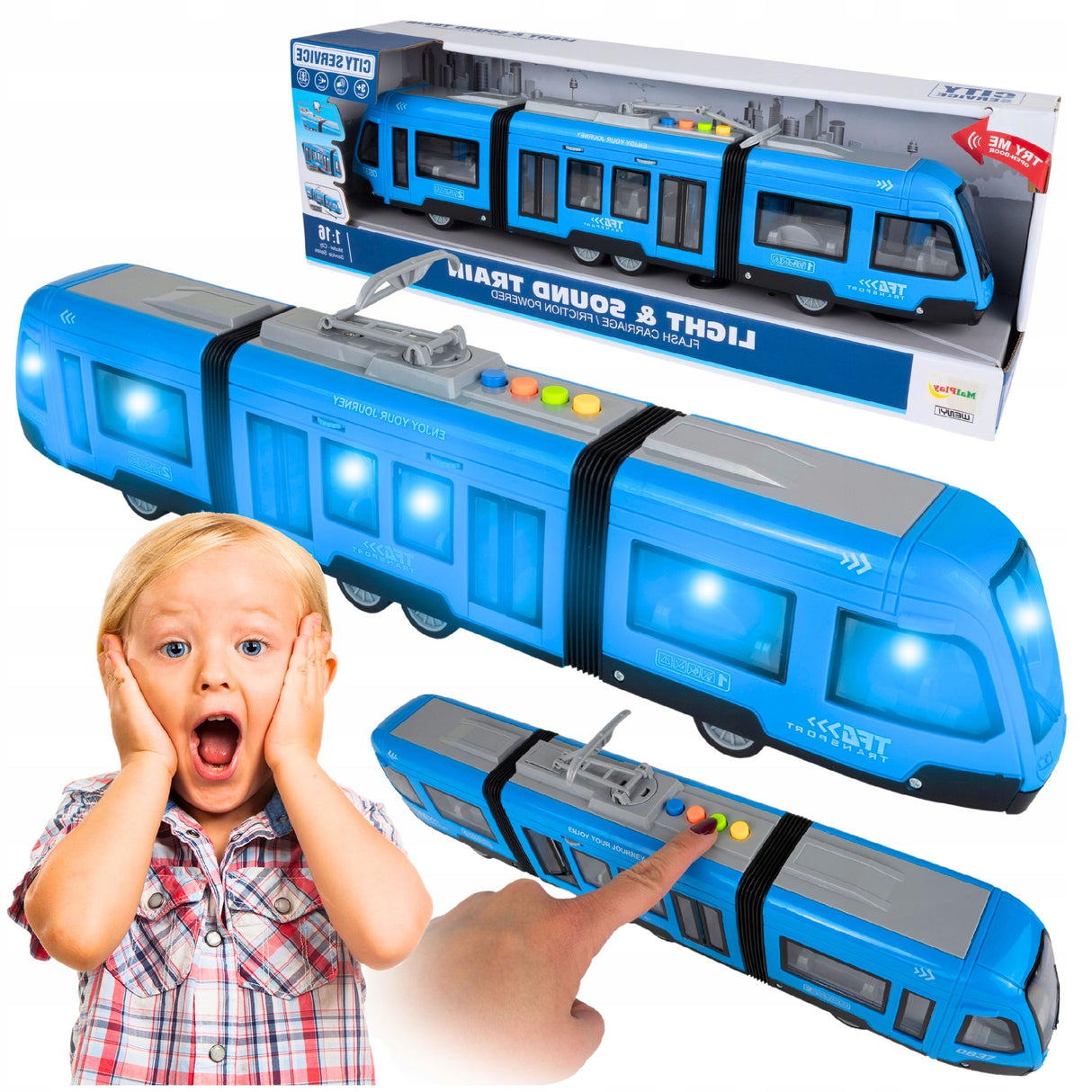 Tramwaj Trolejbus Zabawka na Baterie Światło Dźwięk Otwierane Drzwi 44cm