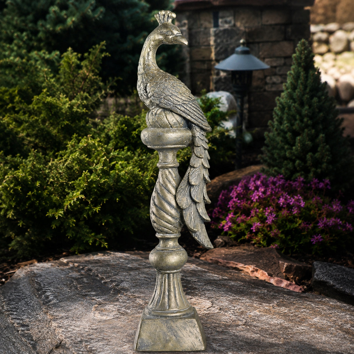 Figurka Ogrodowa Ozdobna w Kształcie Pawia Złoty Dekoracyjna do Ogrodu