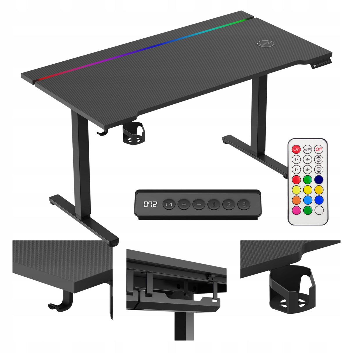 Biurko Gamingowe Elektryczne Regulowane Pilot RGB LED Karbon Czarne 140 cm