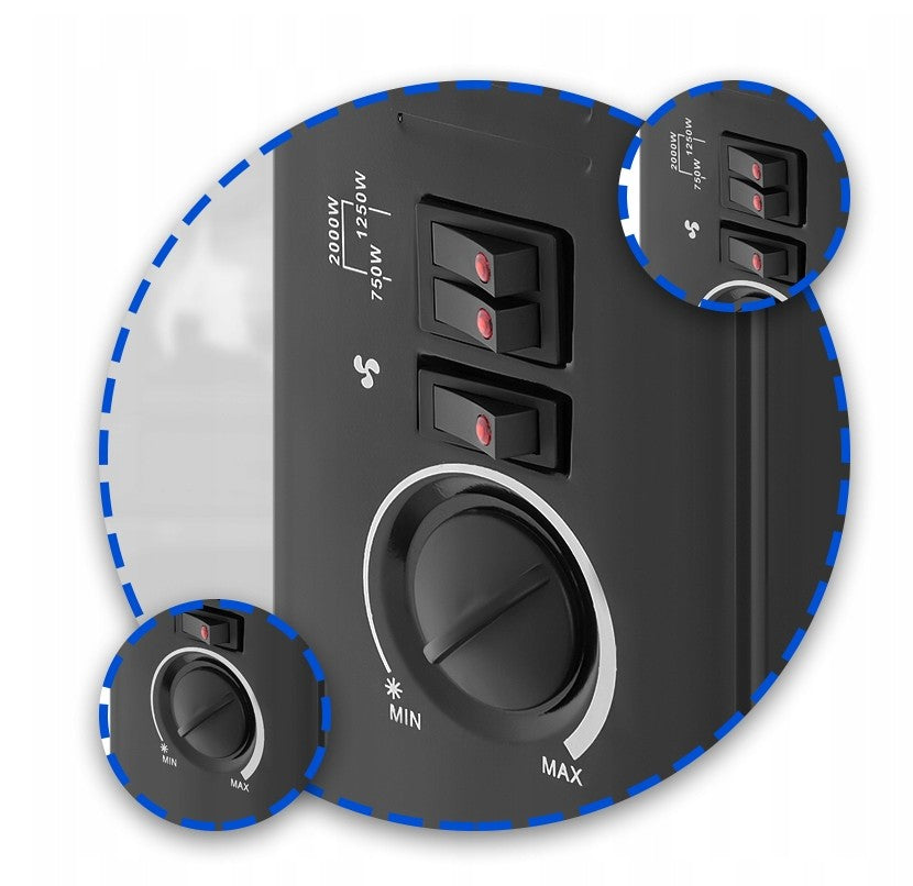 Grzejnik Elektryczny Termostat Konwektorowy 750W 1250W 2000W Czarny 3 Tryby