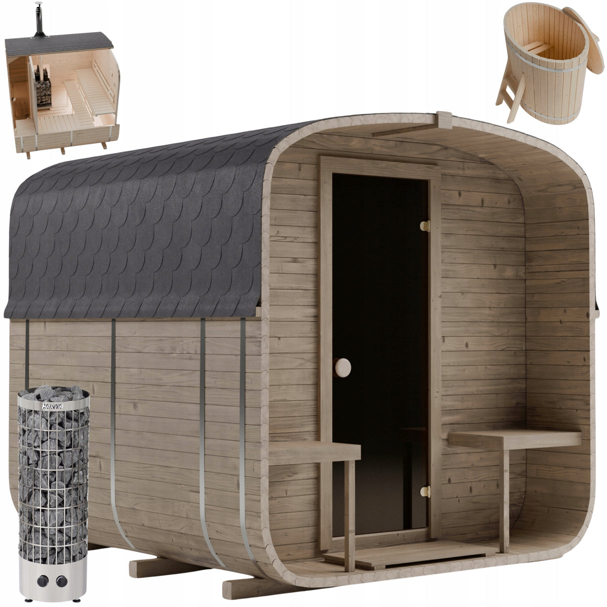 Sauna Ogrodowa Quadro 240 cm ZESTAW z Piecem HARVIA BC90 i Balią 120 cm