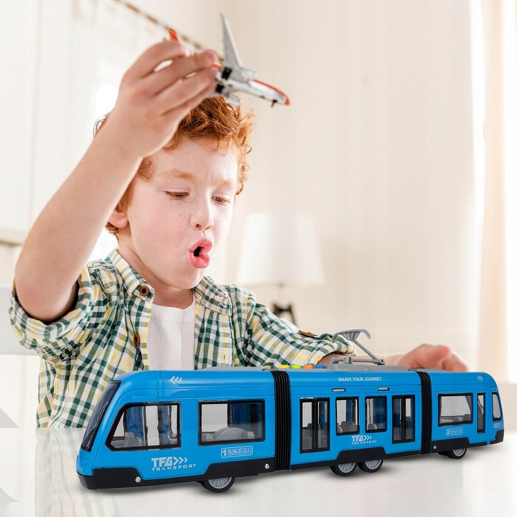 Tramwaj Trolejbus Zabawka na Baterie Światło Dźwięk Otwierane Drzwi 44cm