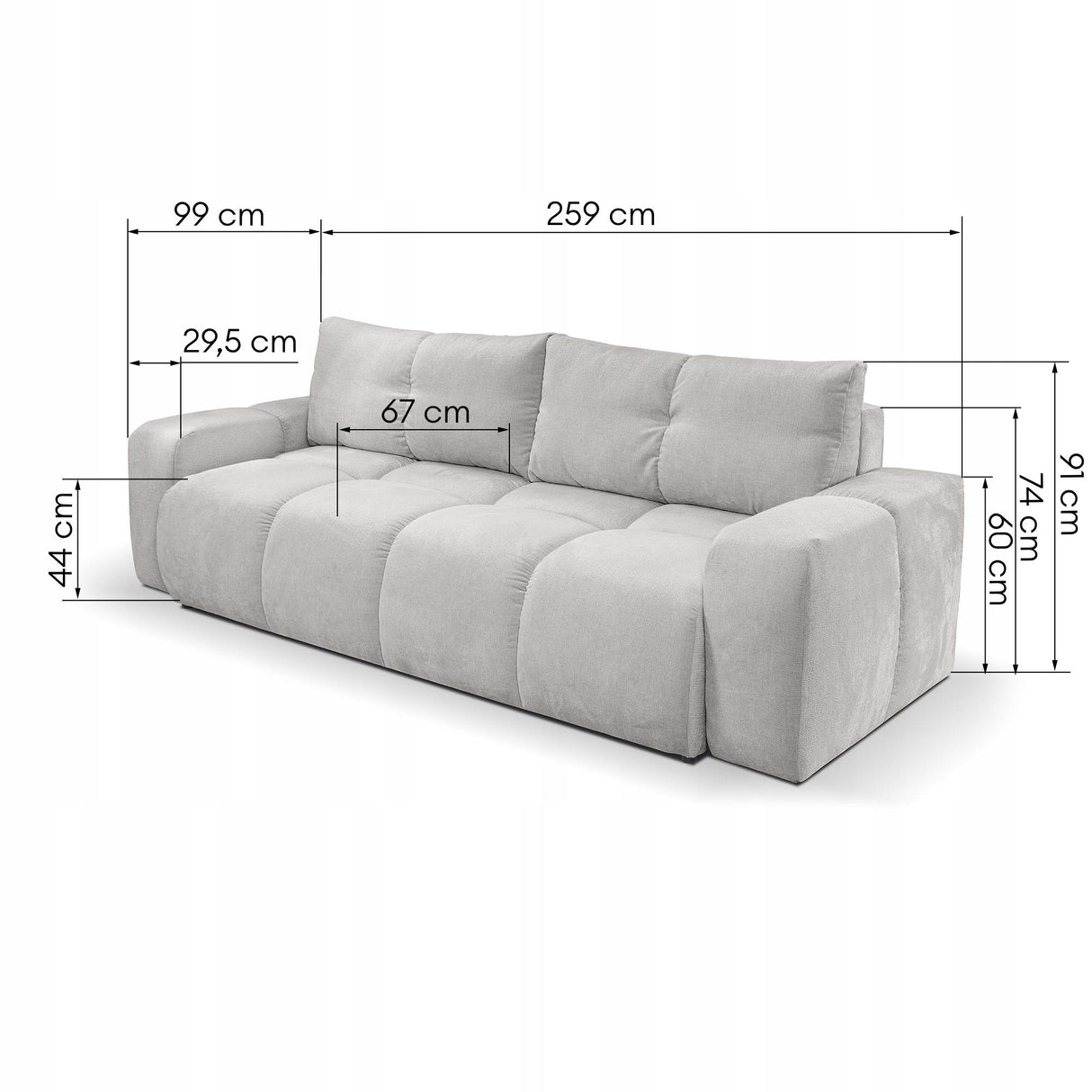 Sofa z Funkcją Spania Pojemnikiem Jasnoszara Tkanina Perfect Harmony