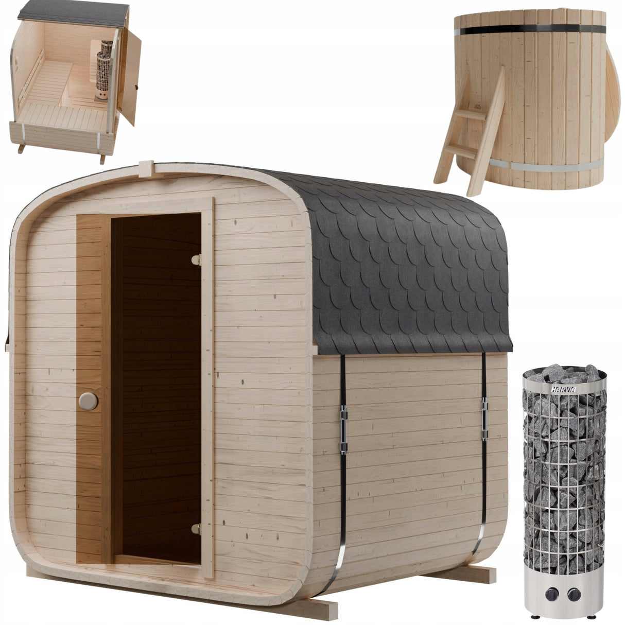Sauna Ogrodowa Quadro 180 cm Zestaw z Piecem HARVIA PC70 i Balią 120 cm