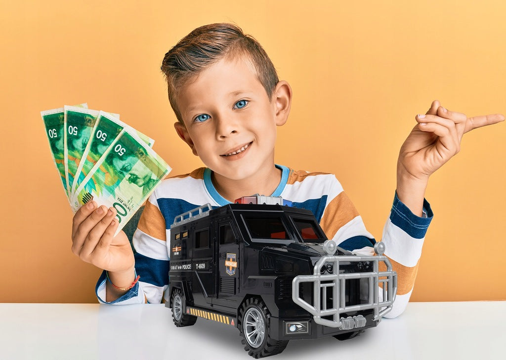 Skarbonka Sejf na Monety Banknoty PIN Bankomat dla Dzieci Auto Policyjne