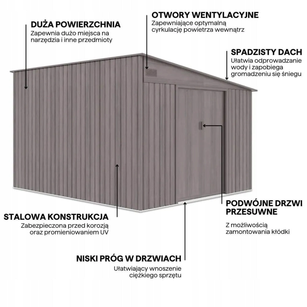Duży Domek Narzędziowy Ogrodowy Jednospadowy Dach Szary 279x321cm Stalowy