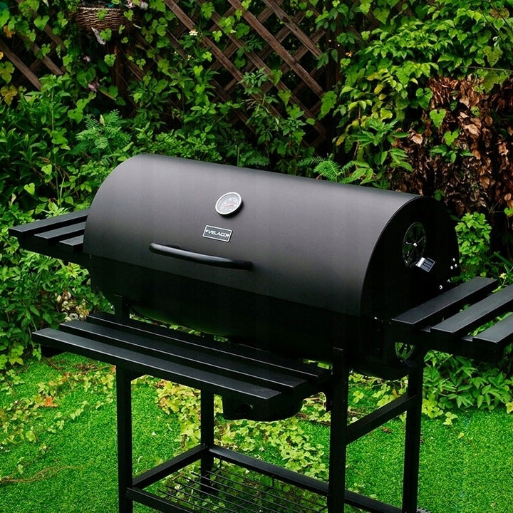 GRILL OGRODOWY WĘGLOWY Z POKRYWĄ I PÓŁKAMI VL09 CZARNY 76 x 40 cm
