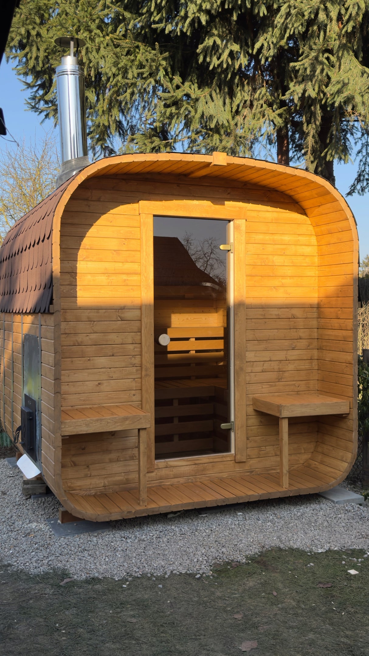 Sauna Ogrodowa z Piecem na Drewno Zestaw Ławki Drewno Świerkowe 240 cm 2QL