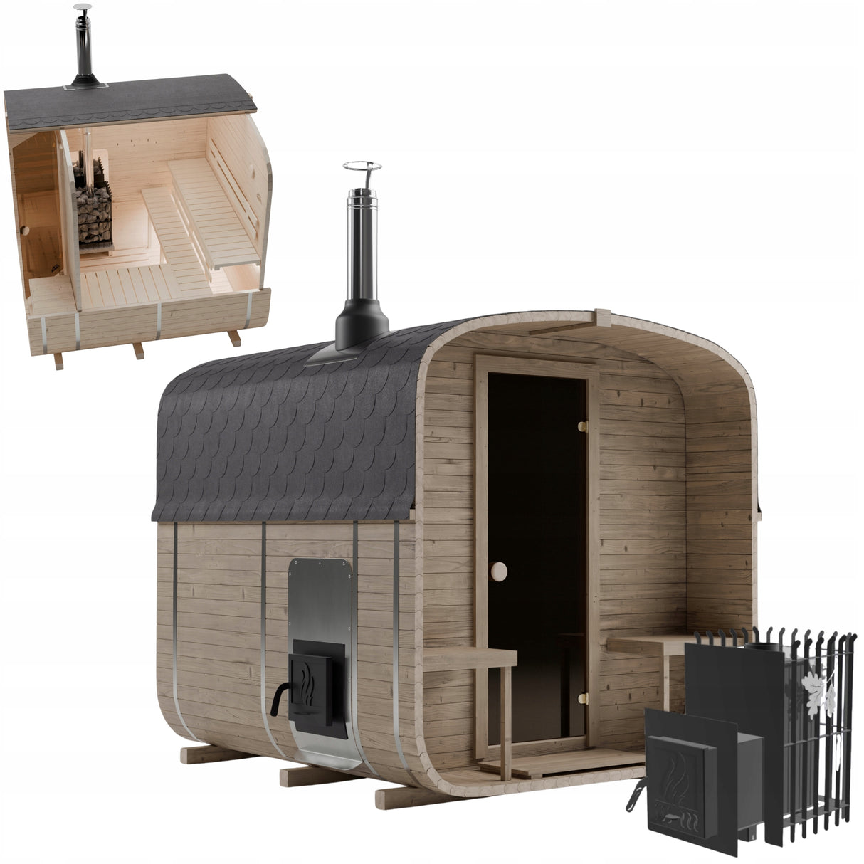 Sauna Ogrodowa z Piecem na Drewno Zestaw Ławki Drewno Świerkowe 240 cm 2QL