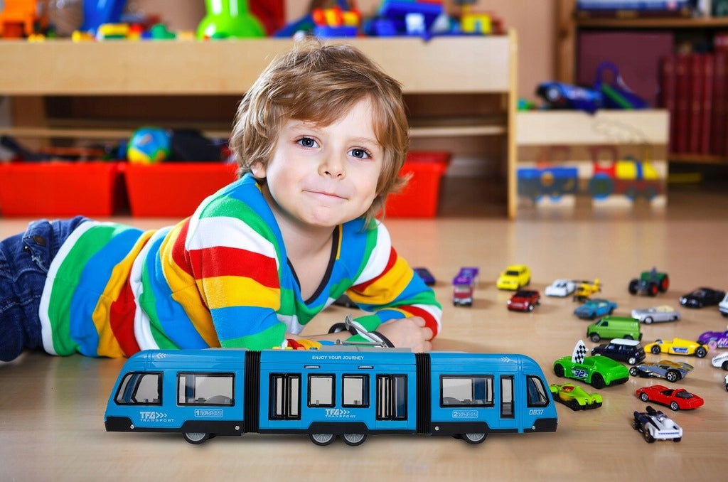 Tramwaj Trolejbus Zabawka na Baterie Światło Dźwięk Otwierane Drzwi 44cm