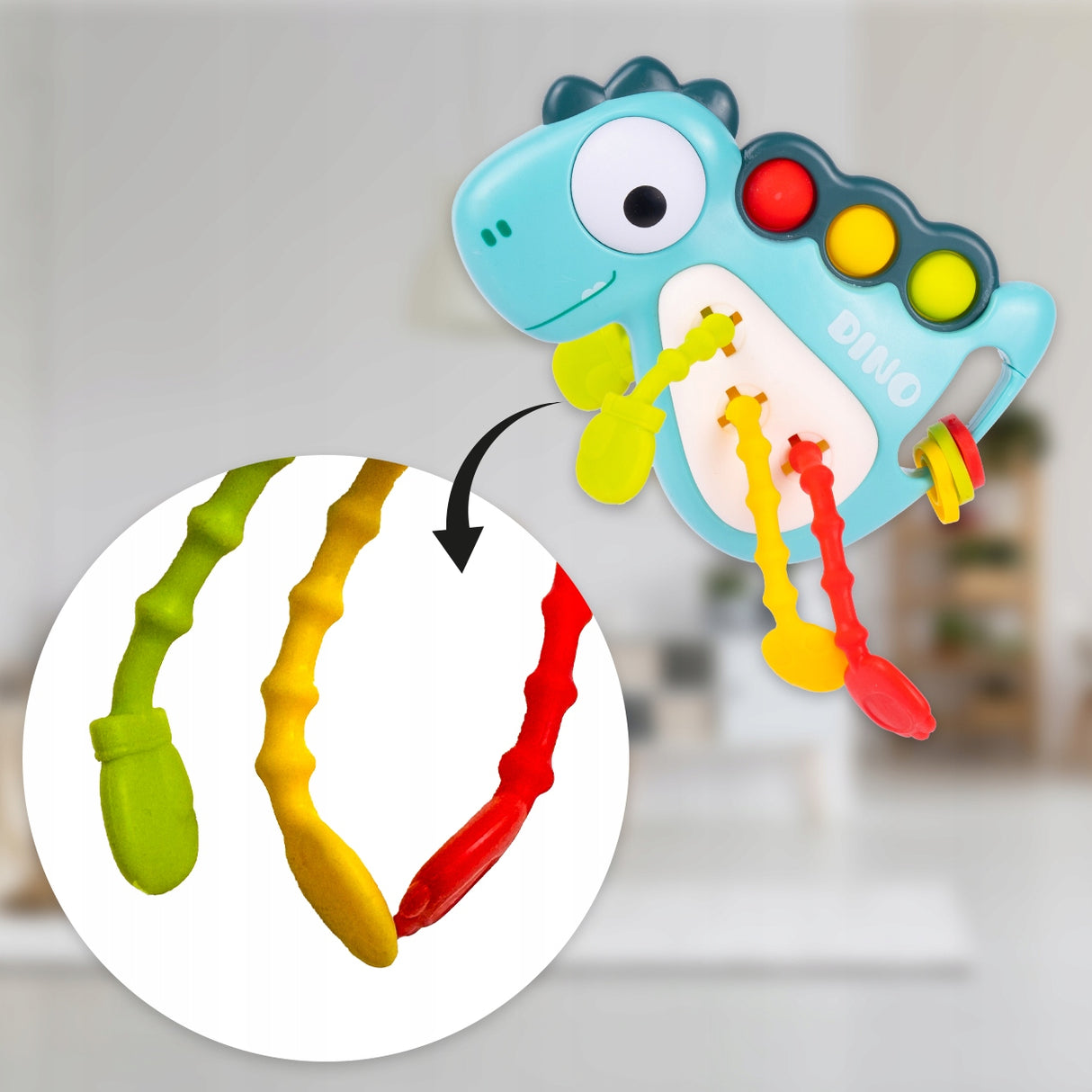 Zabawka Sensoryczna Gryzak Kabelki Montessori Niebieski Dinozaur dla Dzieci