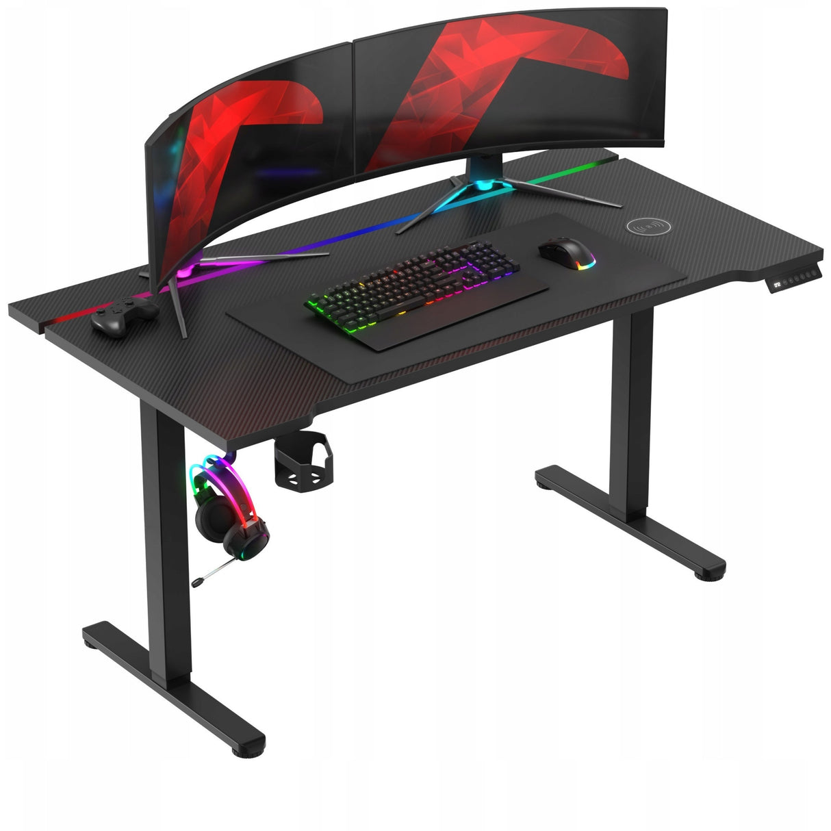 Biurko Gamingowe Elektryczne Regulowane Pilot RGB LED Karbon Czarne 140 cm