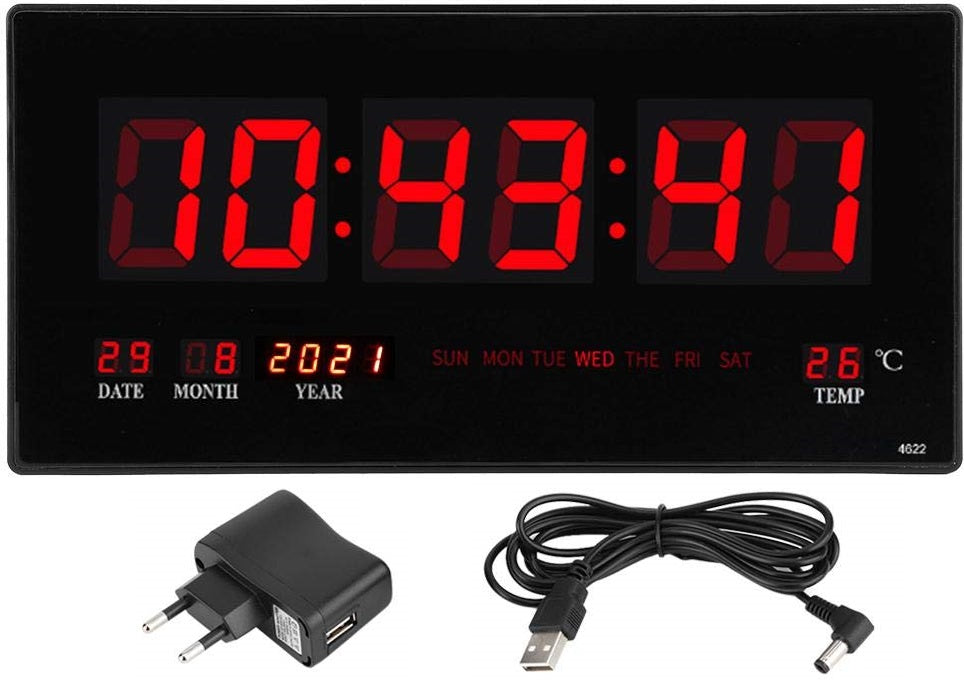 Zegar Cyfrowy Elektryczny Ścienny z Datą i Temperaturą Cichy LED XL