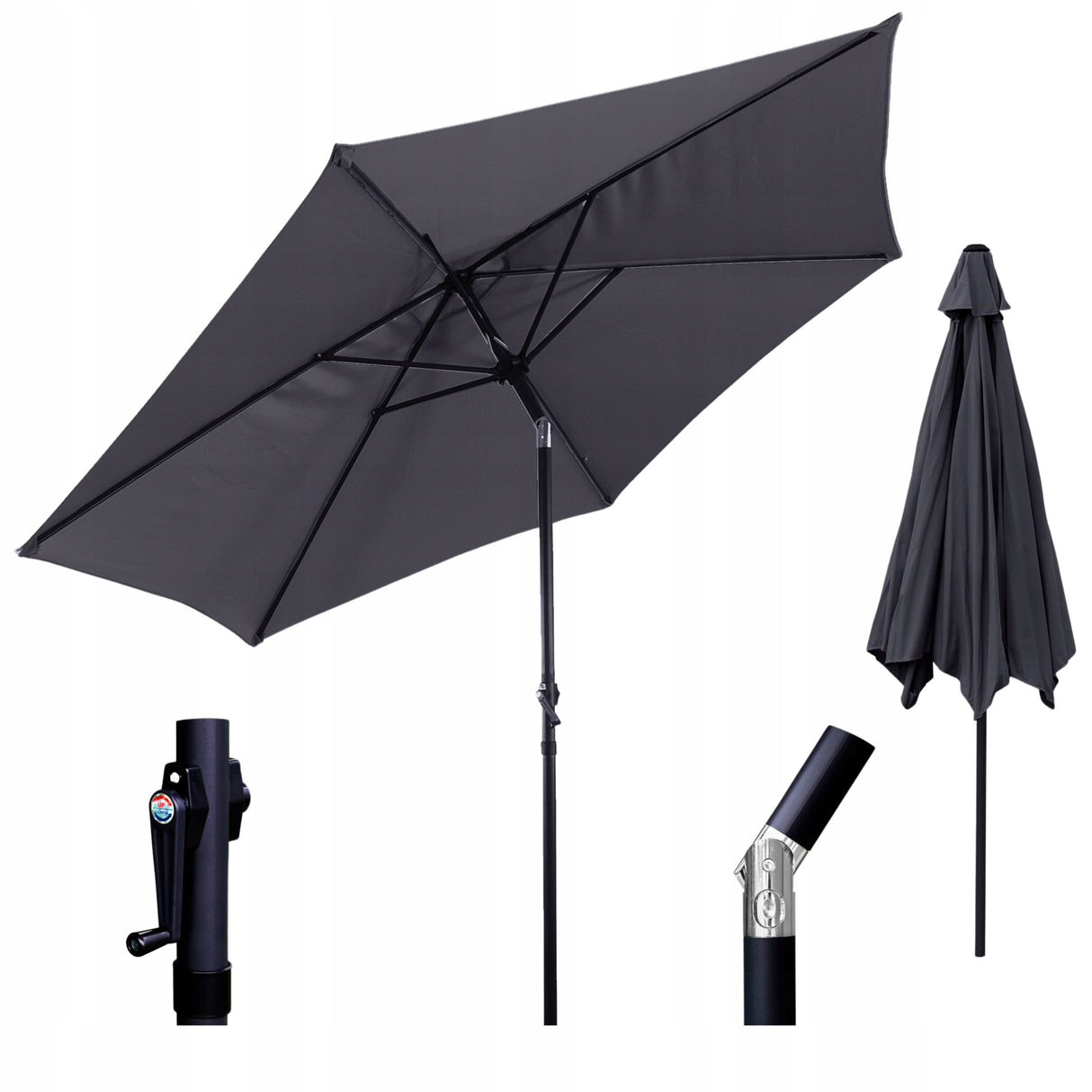 Duży Parasol 300 Cm Ogrodowy Balkonowy Korbką Regulowany Solidny Grafitowy