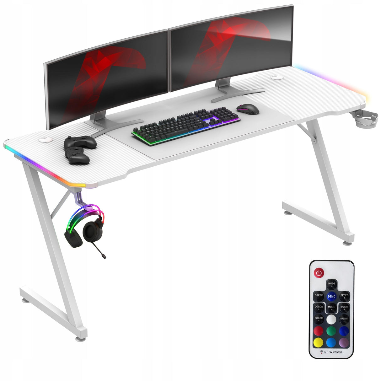 Biurko Komputerowe Gamingowe Biurowe Młodzieżowe RGB Karbon Podkładka Białe