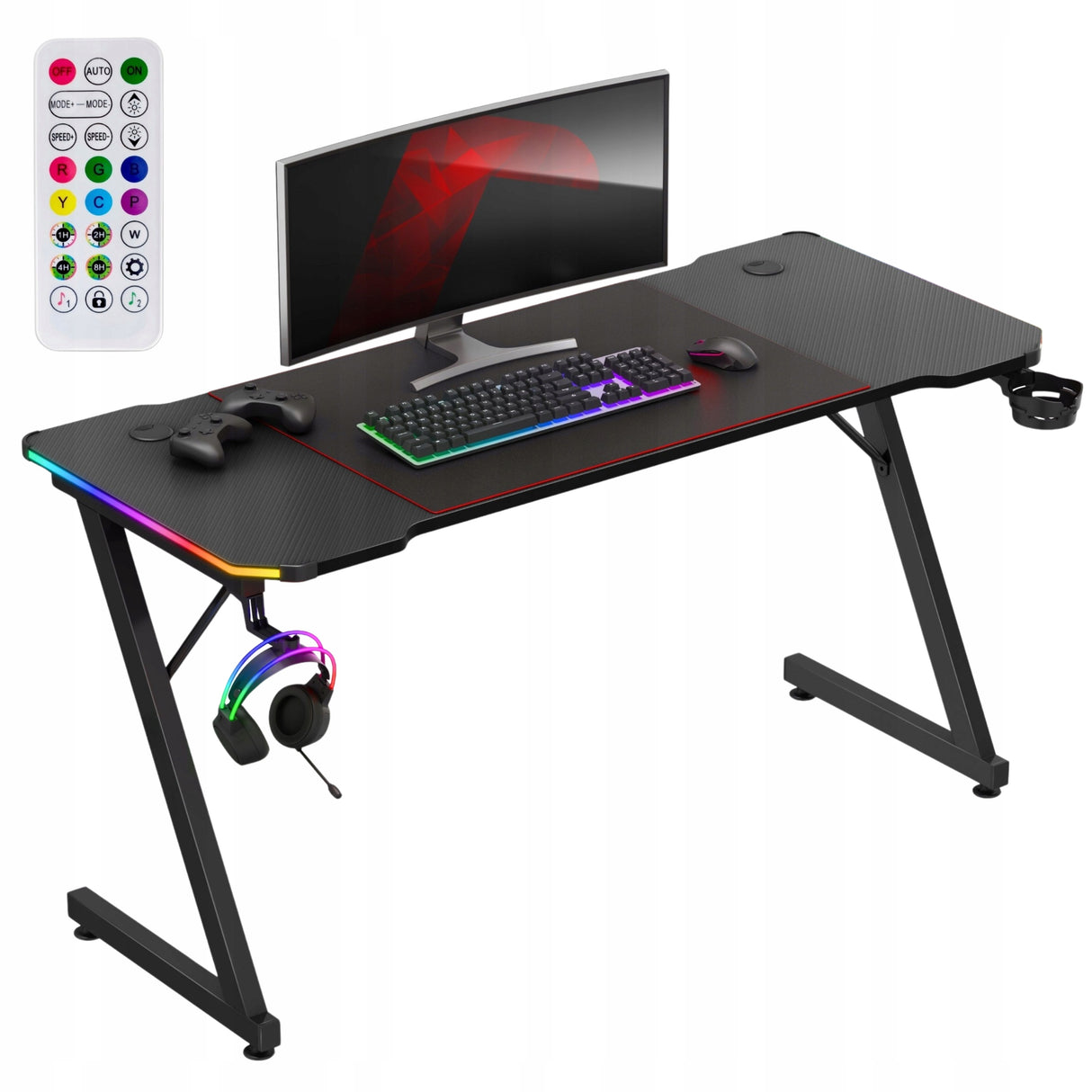 Biurko Komputerowe Gamingowe Ledy RGB Pilot + Podkładka XXL Karbon Czarne