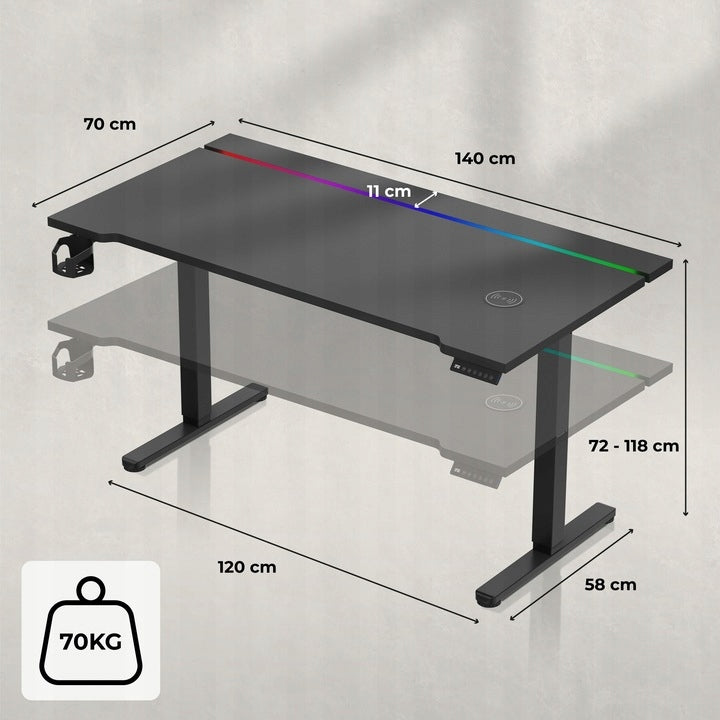 Biurko Gamingowe Elektryczne Regulowane Pilot RGB LED Karbon Czarne 140 cm