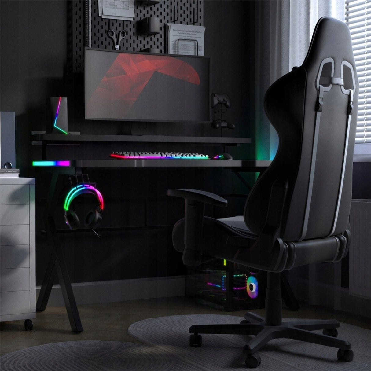 Biurko Gamingowe dla Gracza Młodzieżowe z Nadstawką+Uchwyty RGB LED Czarne