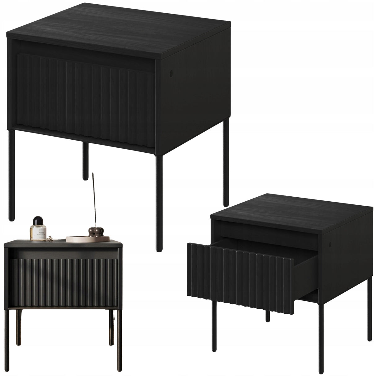 Stolik Nocny Ryflowany Front z Oświetleniem LED Prostokątny Czarny 40x46 cm