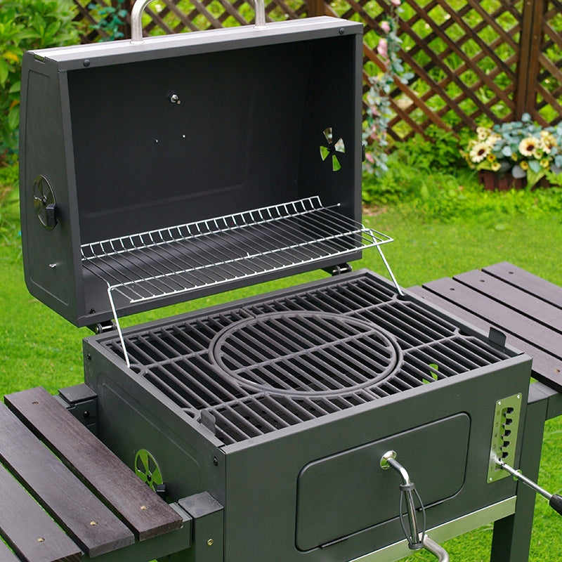 Grill Węglowy z Pokrywą i Półkami na Kółkach Ogrodowy XXL Szary Termometr