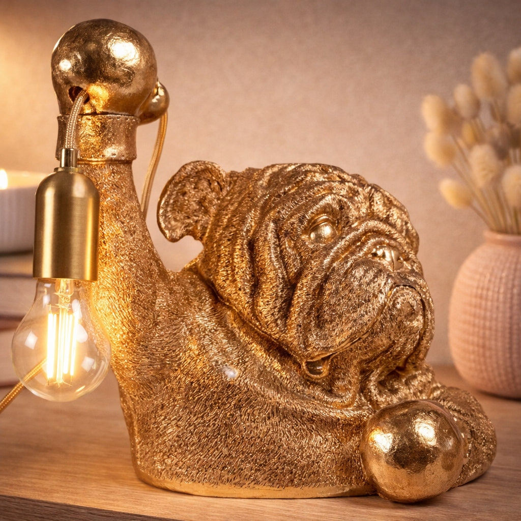 Lampa Stołowa Złoty Pies Elegancka Lampka w Kształcie Buldoga Angielskiego