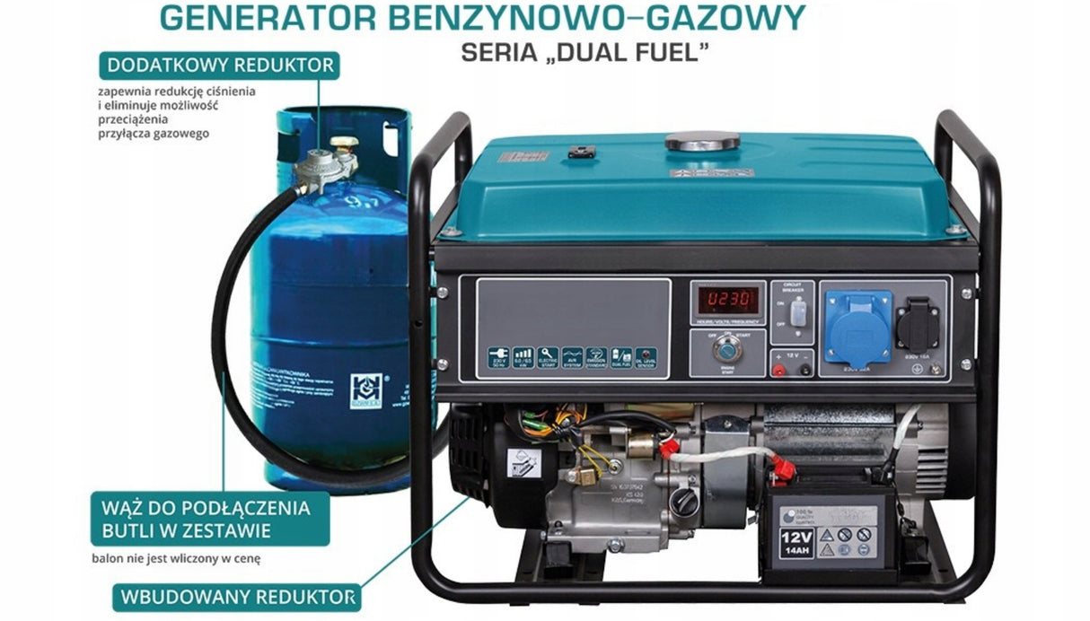 Agregat Prądotwórczy Gaz LPG Benzyna DUAL FUEL ZESTAW 230V 6,5kW AVR 16KM