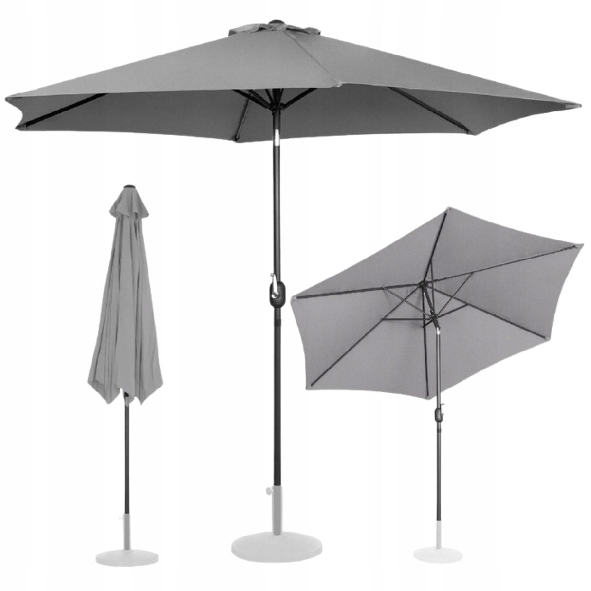 Okrągły Parasol Ogrodowy Balkonowy Uchylny Duży Z Korbką Śr.300Cm Szary