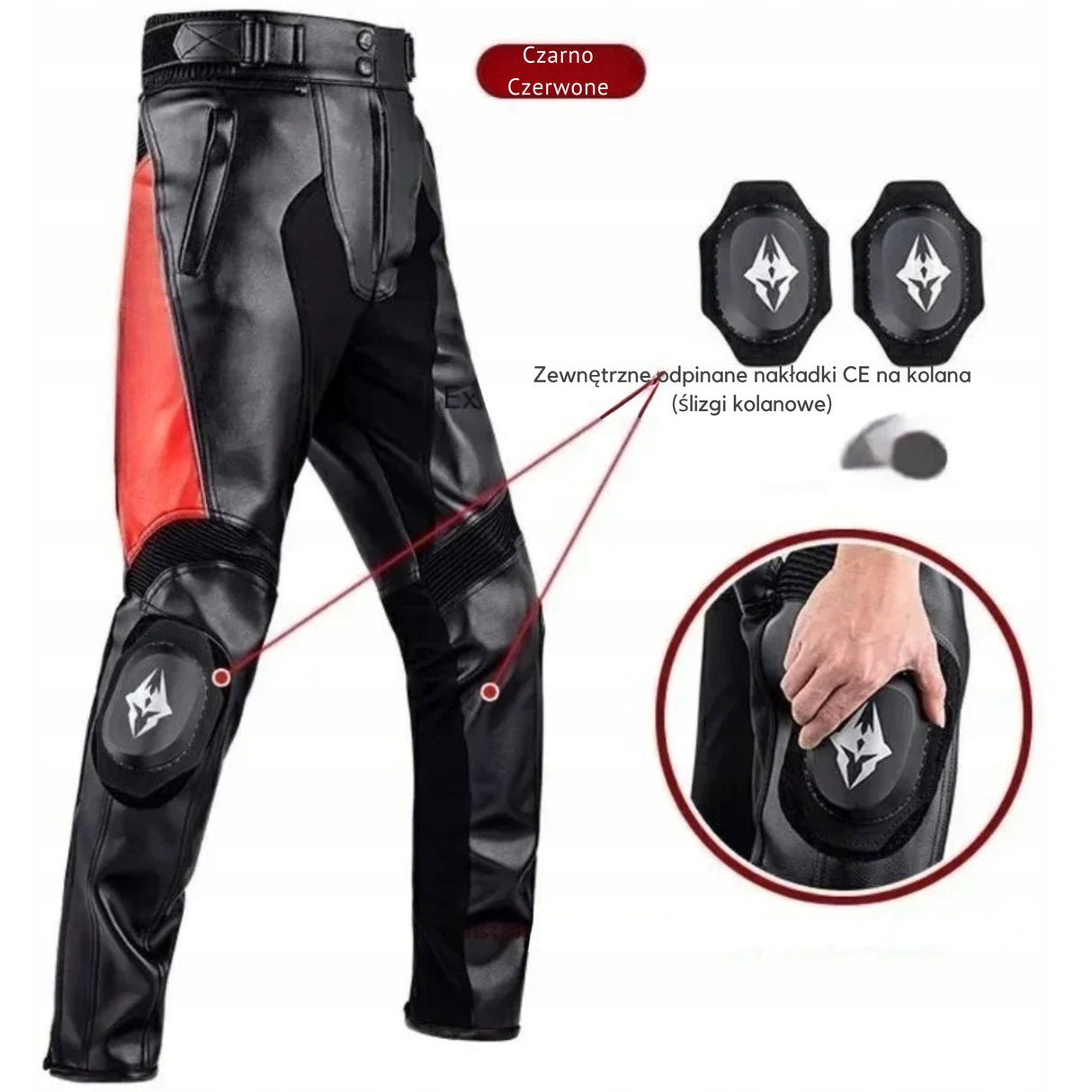 Motocyklowe Spodnie Skórzane Czarno-Czerwone Ochronne Stylowe Rozmiar S