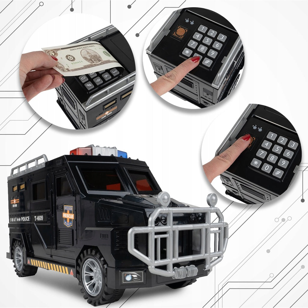 Skarbonka Sejf na Monety Banknoty PIN Bankomat dla Dzieci Auto Policyjne