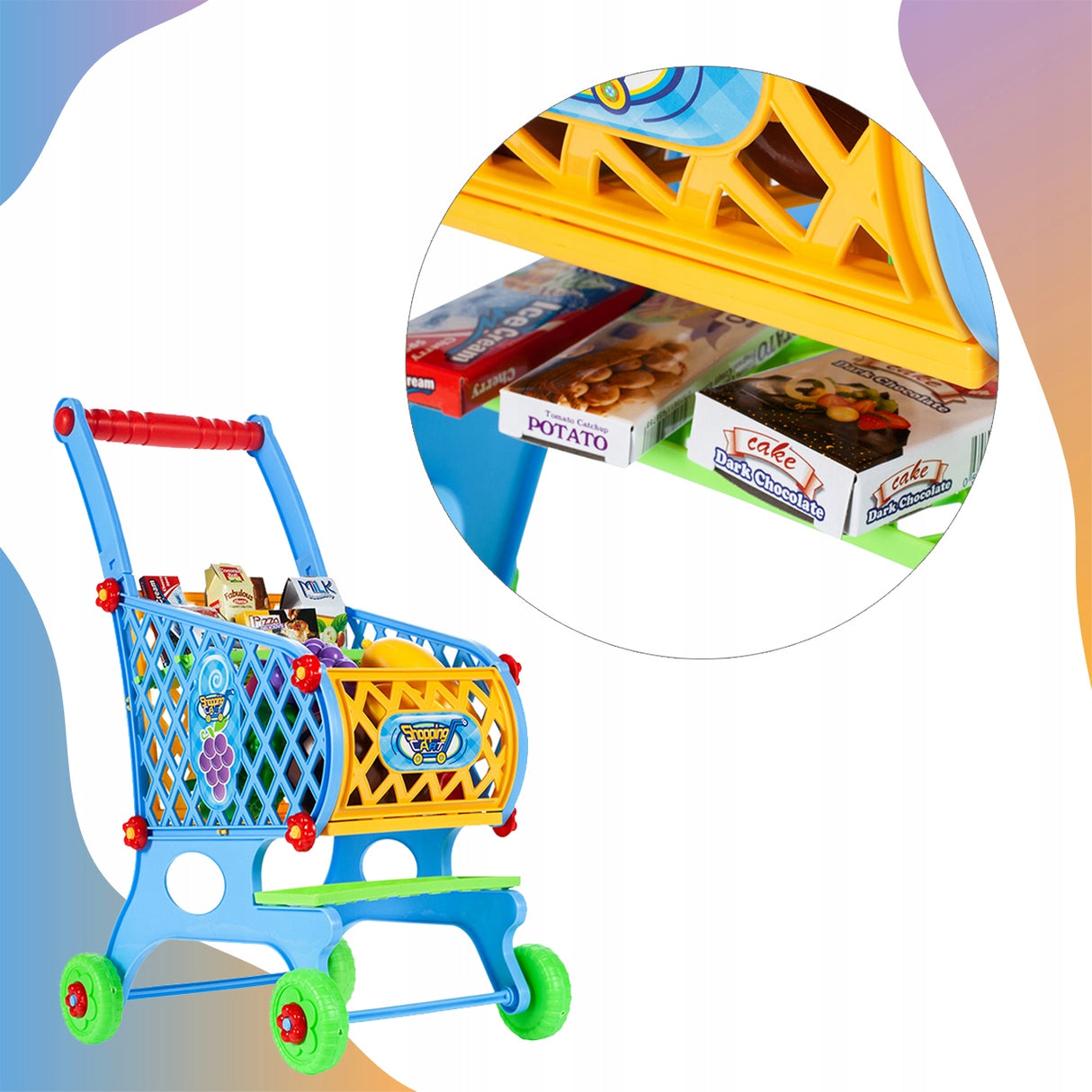 Wózek Koszyk Zakupowy Marketowy dla Dzieci na Zakupy z Produktami