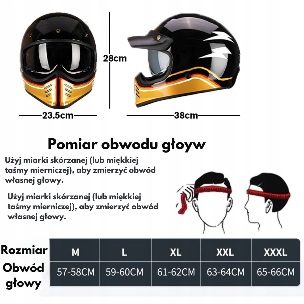 Kask Motocyklowy Pełna Twarz Vintage Retro Oddychający Motocross Rozmiar XL