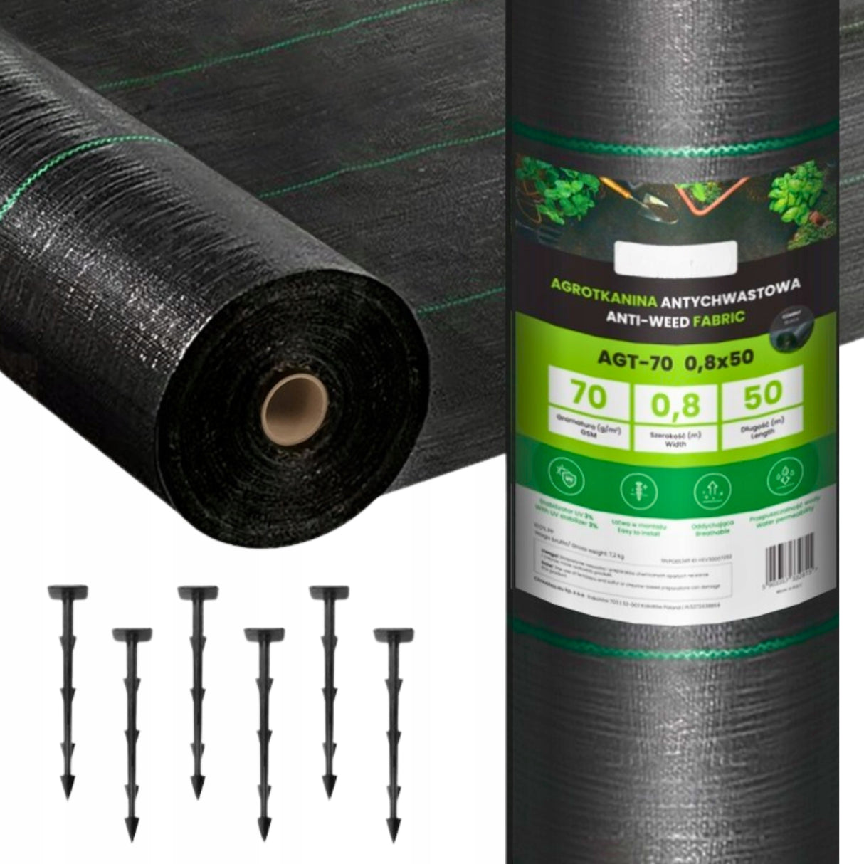 Agrotkanina agrowłóknina chwasty 70g czarna mata 0,8x50m UV 3% mocne kotwy
