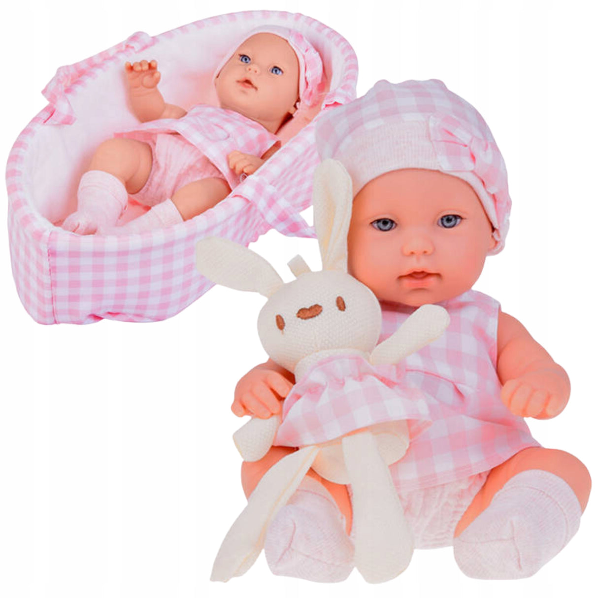 Lalka Noworodek Bobas Czapka Sukienka + Maskotka Królik na Prezent Różowa