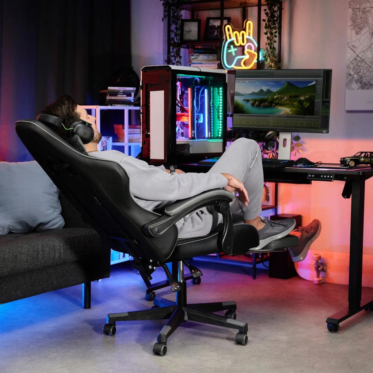 Fotel Obrotowy Biurowy Gamingowy Podnóżek Ergonomiczny Regulowany Czarny