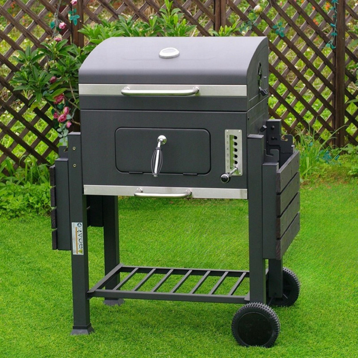 Grill Węglowy z Pokrywą i Półkami na Kółkach Ogrodowy XXL Szary Termometr