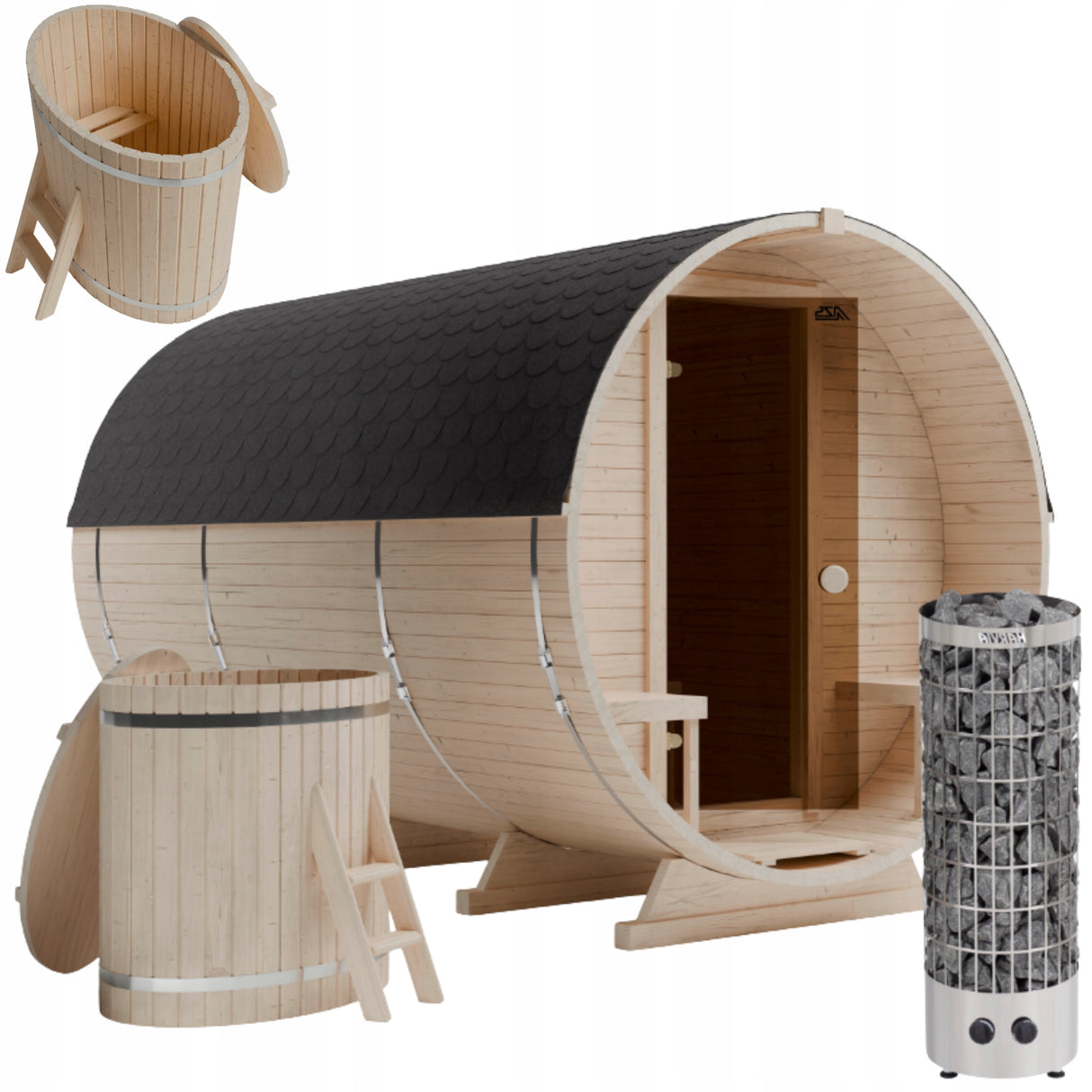 Sauna Ogrodowa Zestaw Drewno Szwedzkie Beczka 340cm z Piecem i Balią 120 cm