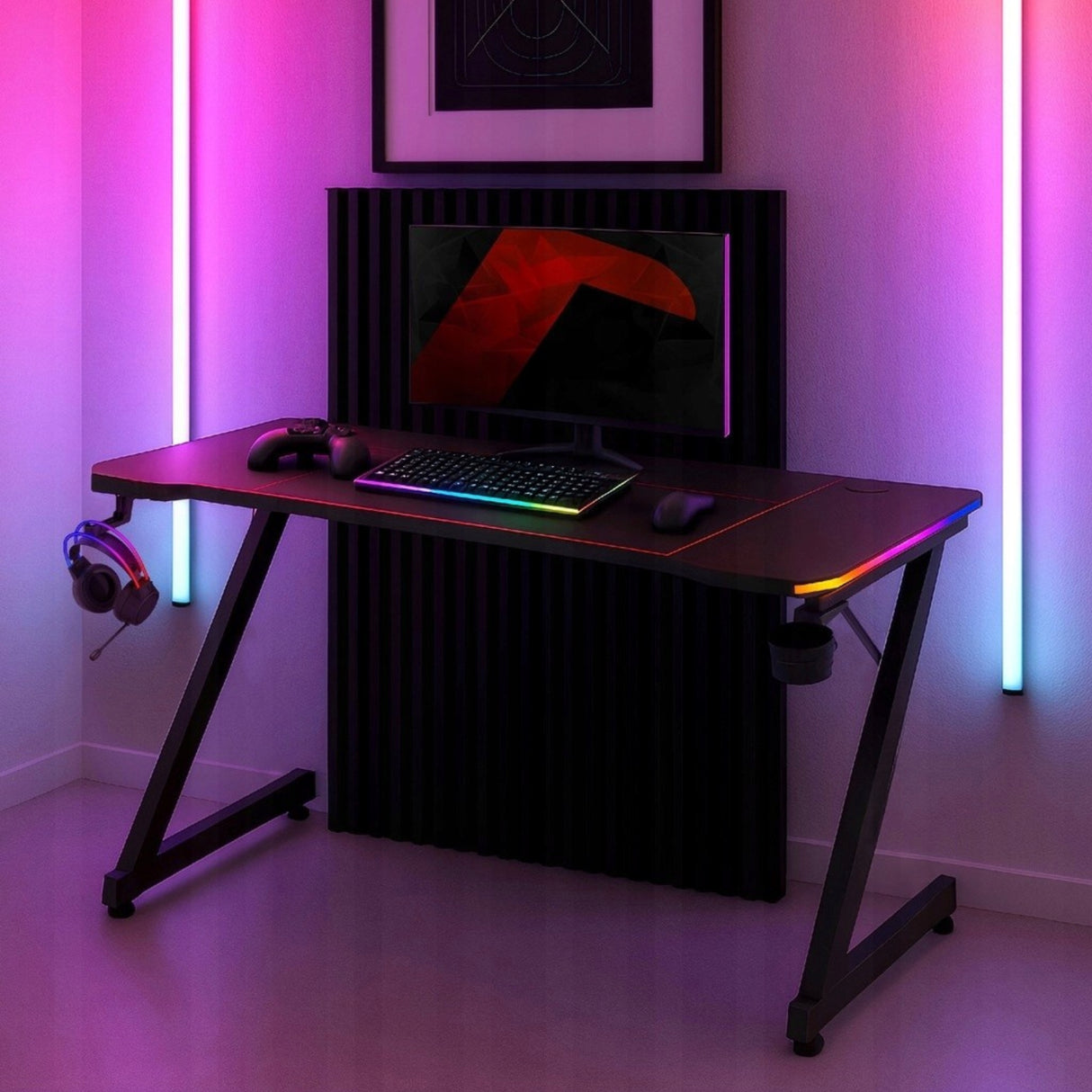 Biurko Komputerowe Gamingowe Ledy RGB Pilot + Podkładka XXL Karbon Czarne