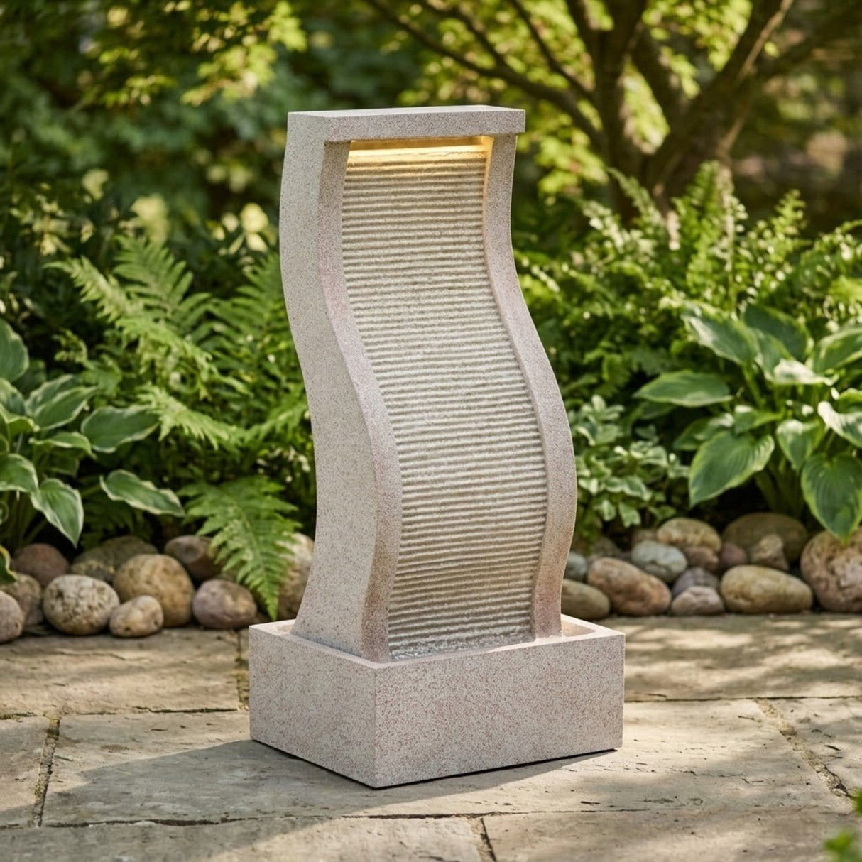 Duża Dekoracyjna Fontanna Ogrodowa Z Oświetleniem LED Żywica Beżowa 81cm
