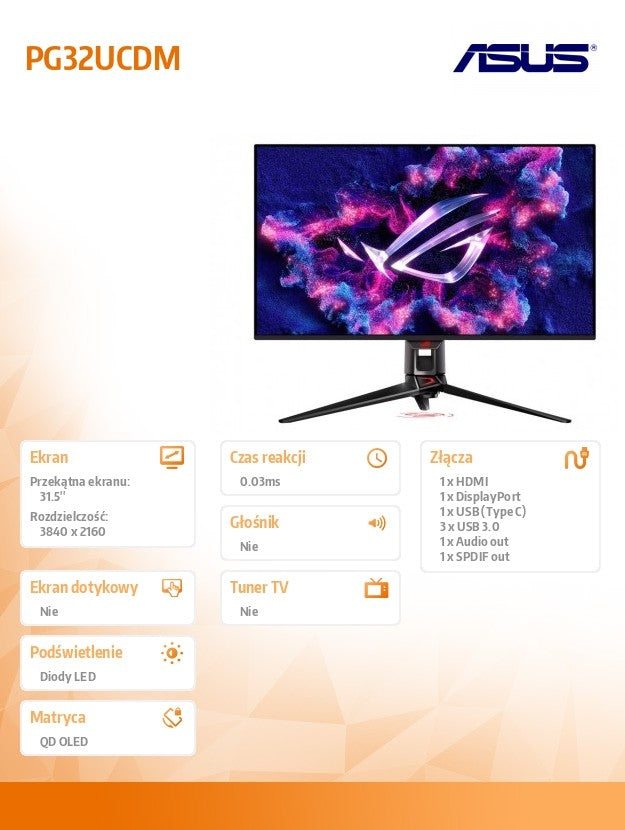 Monitor ASUS ROG PG32UCDM 4K 240Hz QD-OLED OLED HDR 10 Czarny 31,5" Cali