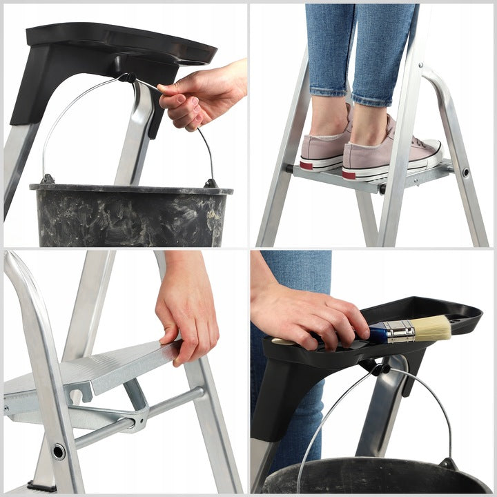 DRABINA ALUMINIOWA 3 STOPNIOWA SKŁADANA DOMOWA MOCNA PÓŁKA +HAK 125kg POVES