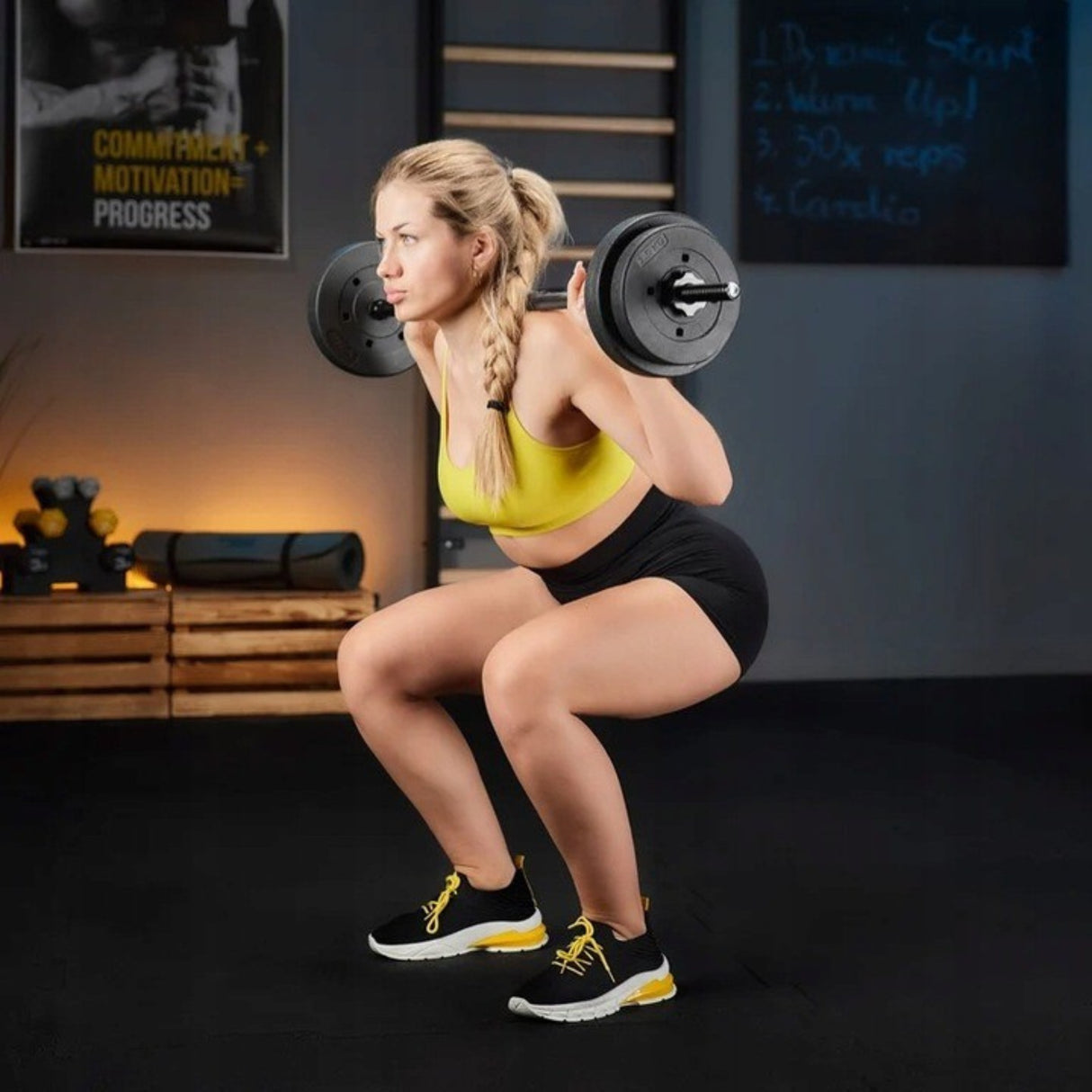 Gryf Sztanga Zestaw Obciążeń Bitumicznych do Ćwiczeń 52 Kg 180 cm Czarne