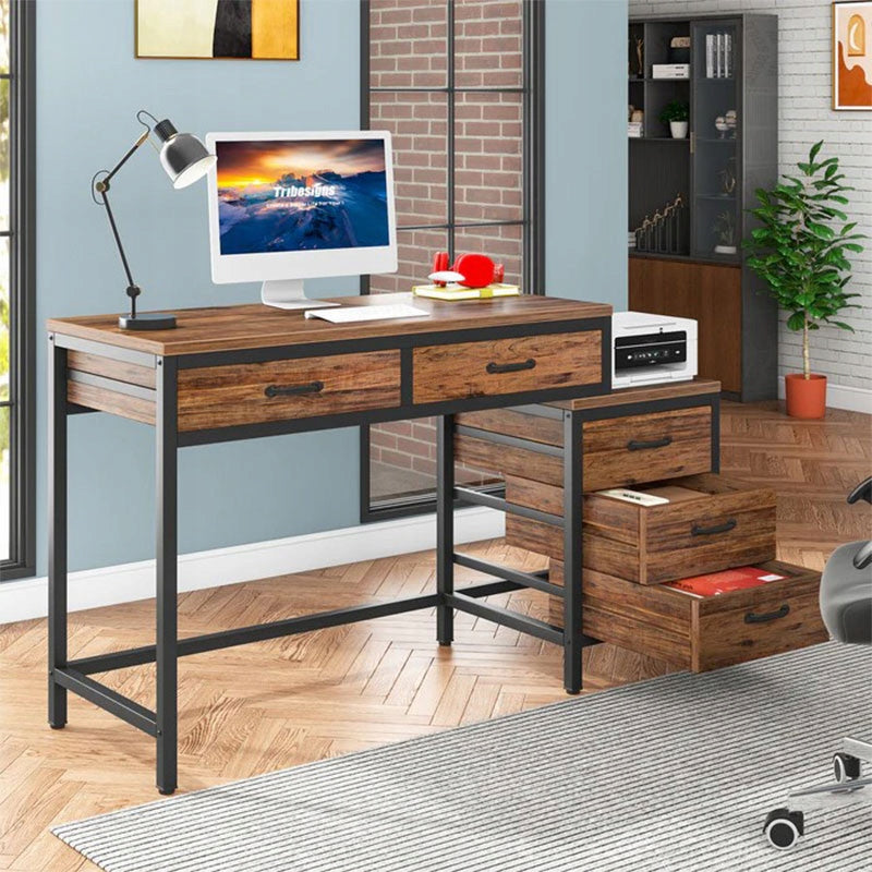 Biurko Komputerowe HOGA-JW0390X Industrialne Z 5 Szufladami 136 cm Brązowe