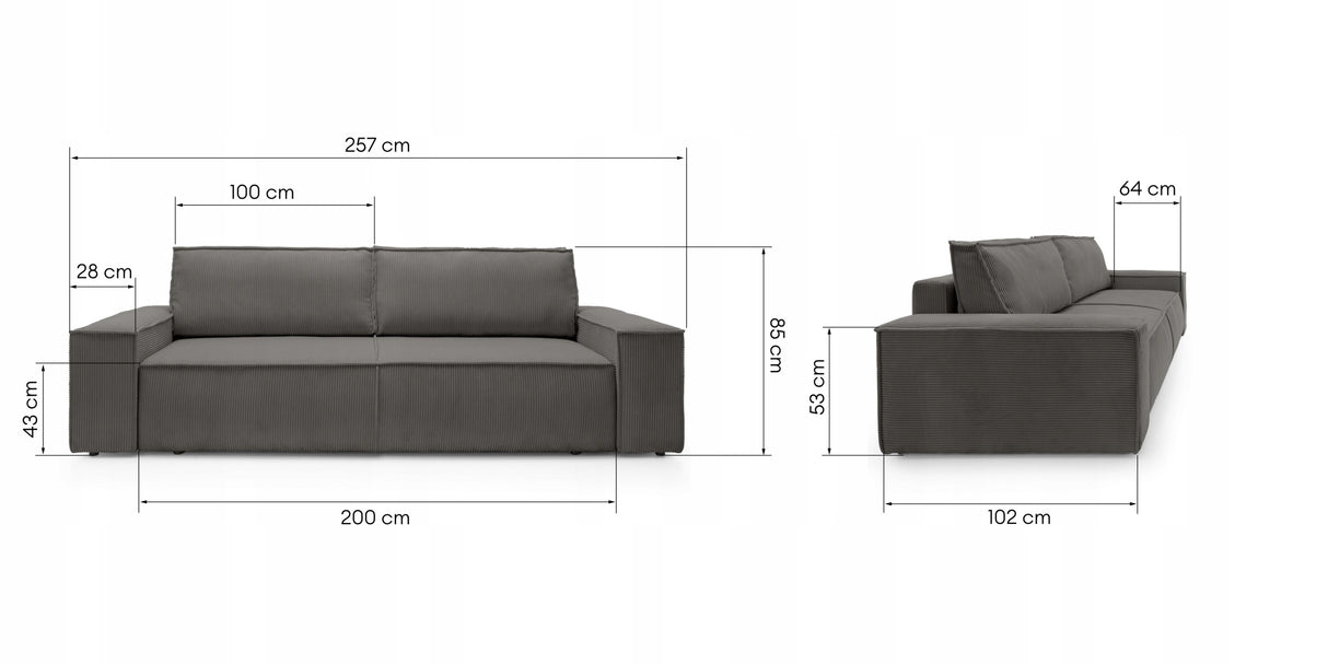 Sofa Rozkładana z Pojemnikiem na Pościel Sztruksowa Ciemnoszara 257x102cm